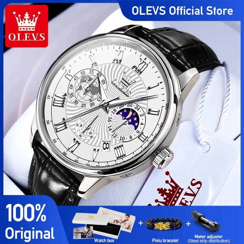 OLEVS Men\'s Watches Casual Business Original Quartz Watch for Man Waterproof Luminous Wristwatch Moon Phase Calendar Chronograph