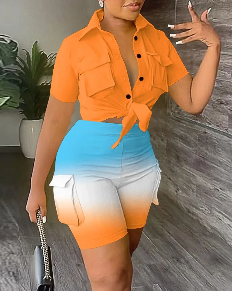 Summer Casual Button Shirt And Shorts Two Piece Set  For Women Women's Pocket Print Short Sets Women Office Ladies Elegant Suit
