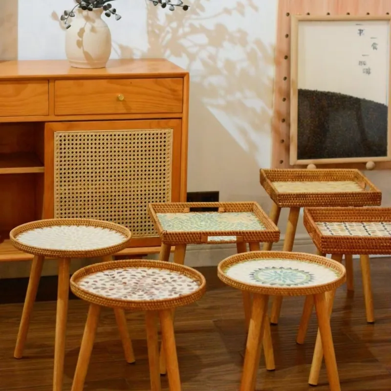 FORPara Mesa Basse Nordique En Forme De Coquillage, Mesas D'appoint En Rotin Tissées À La Main, Tatami Japonais, Mesa À Manger