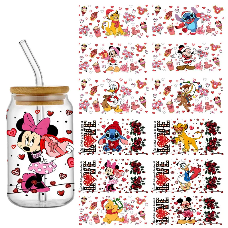 Valentine's Day Disney Stitch Mickey UV DTF Transfer Stickers Cup Wrap For 16oz Glass Libbey Can Selfadhesive Decals DIY Sticker