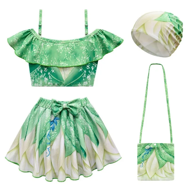 

Princess Tiana Swimsuit for Girls Green Leaf Print Two Piece Bathing Suit with Hat Bag Kids Beach Swimwear Cosplay Costume