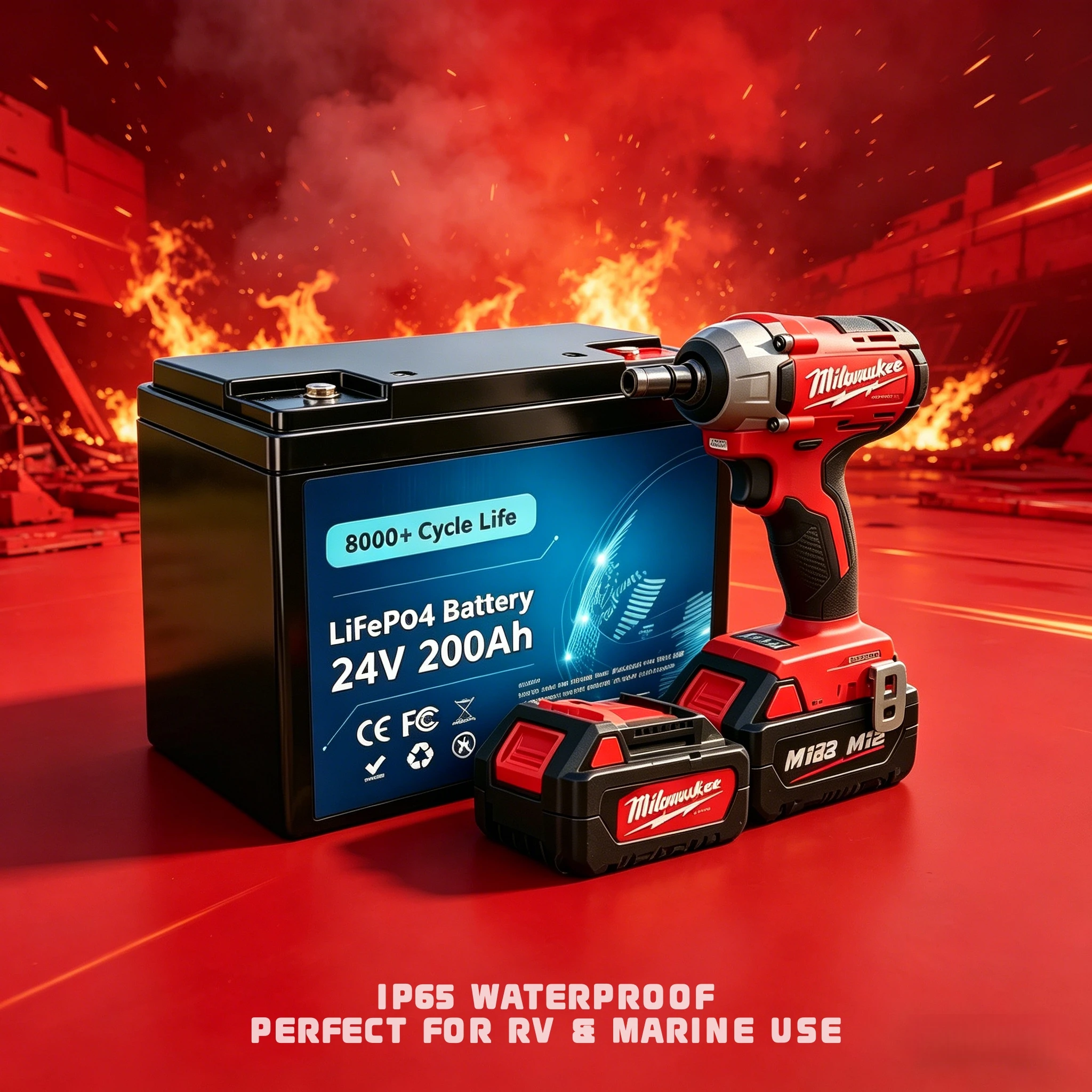 

24V 200Ah LiFePO4 Battery Grade A Cells 8000+ Deep Cycles 200A Smart BMS IP65 Waterproof for RV Solar Marine Off-Grid