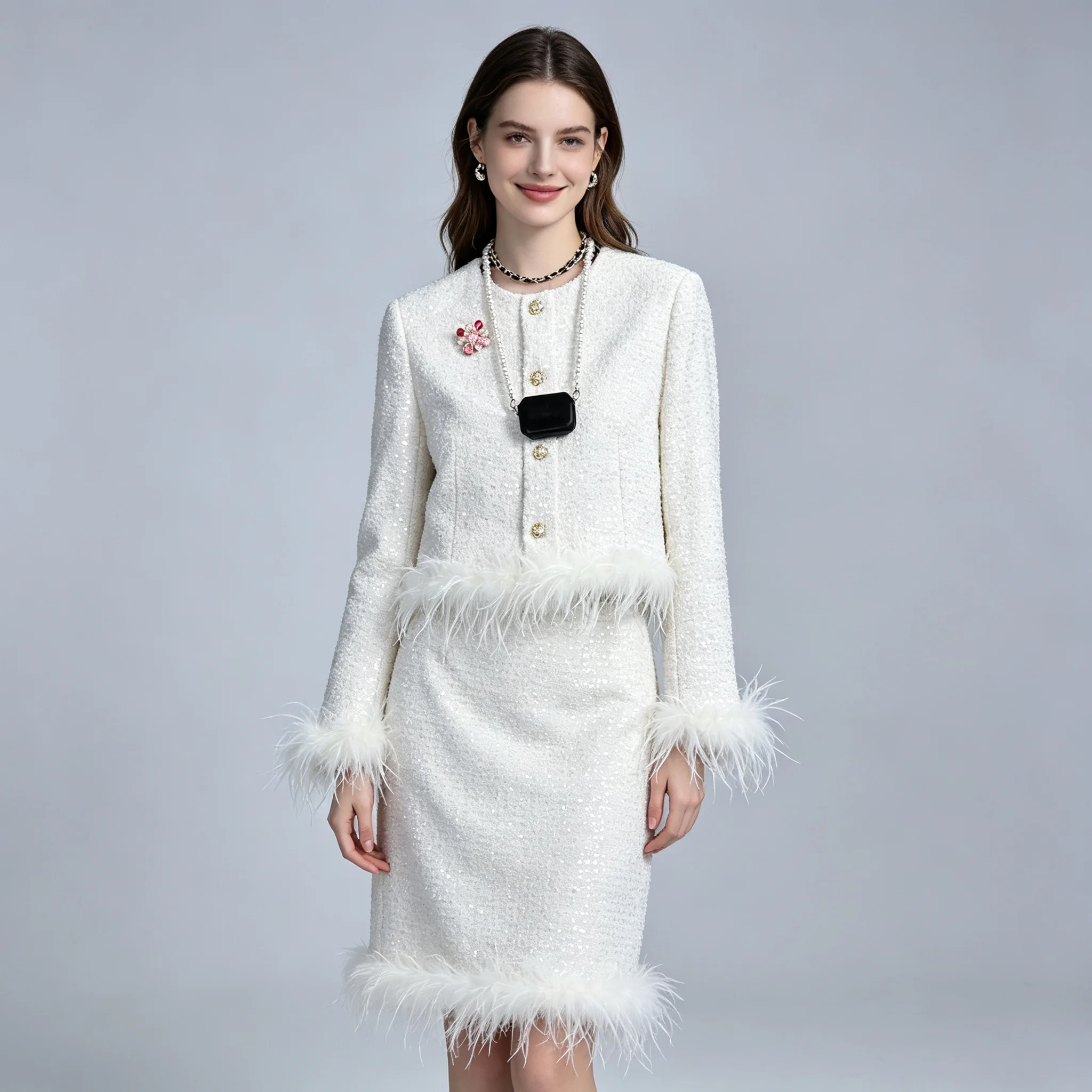 White Sequin Tweed 2 Piece Outfit Ostrich Feather Trim Cropped Jacket Midi Skirt Women Elegant Party Suit view 6