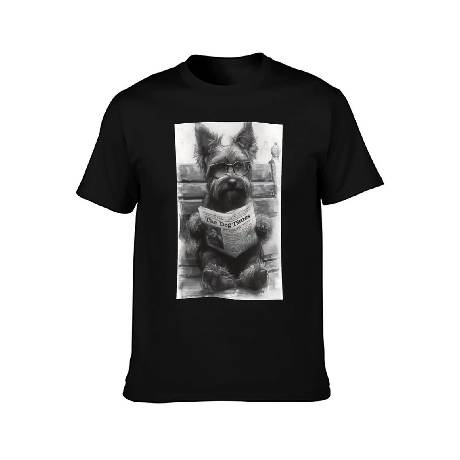 Cute puppy dog, reading newspaper on park bench T-Shirt Fashion Letter Print T-Shirt