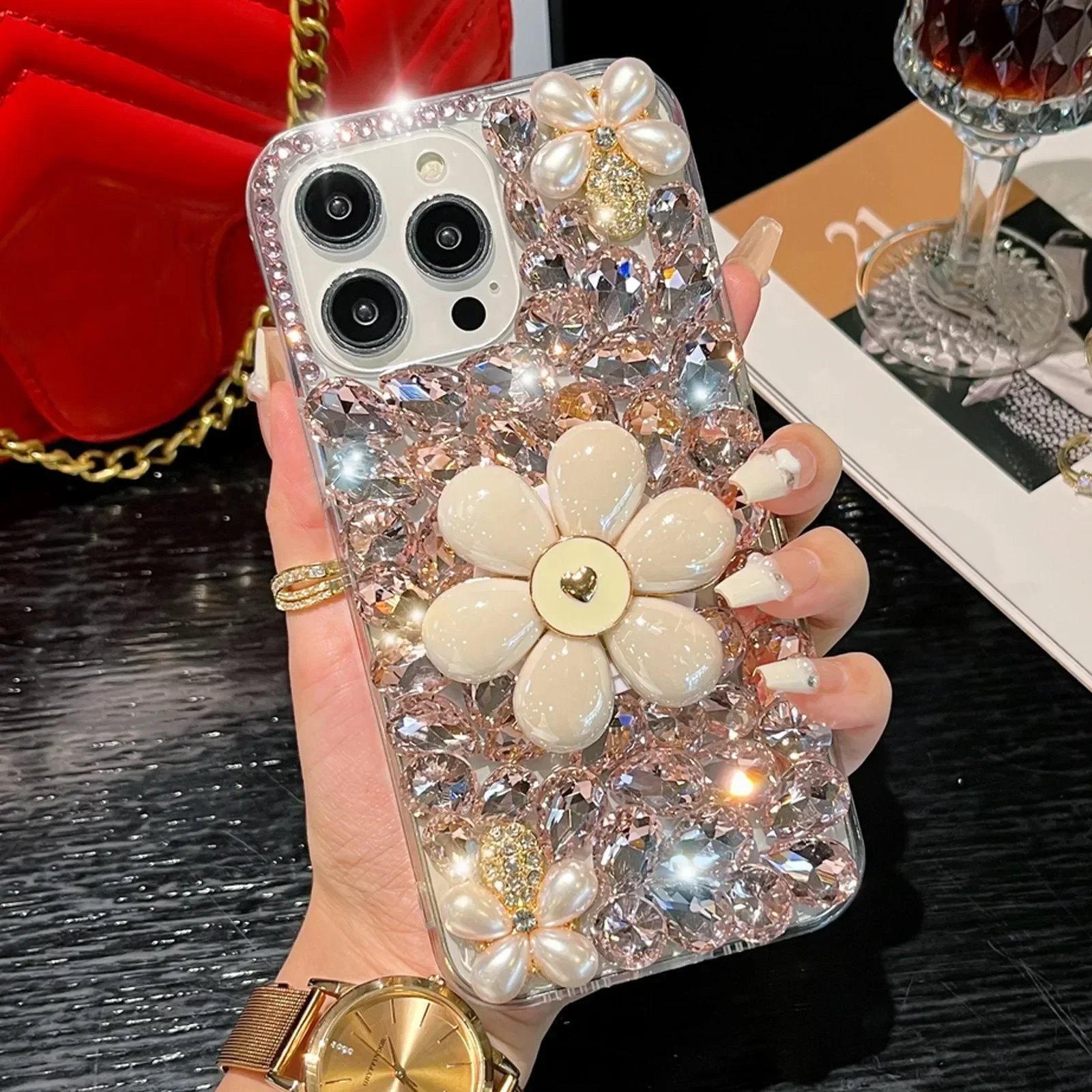 

Floral Pearl Bling Diamond Chain Holder Case, for Samsung Galaxy S24 S10 S20 Plus S21 FE S22 23Ultra Note 20 10