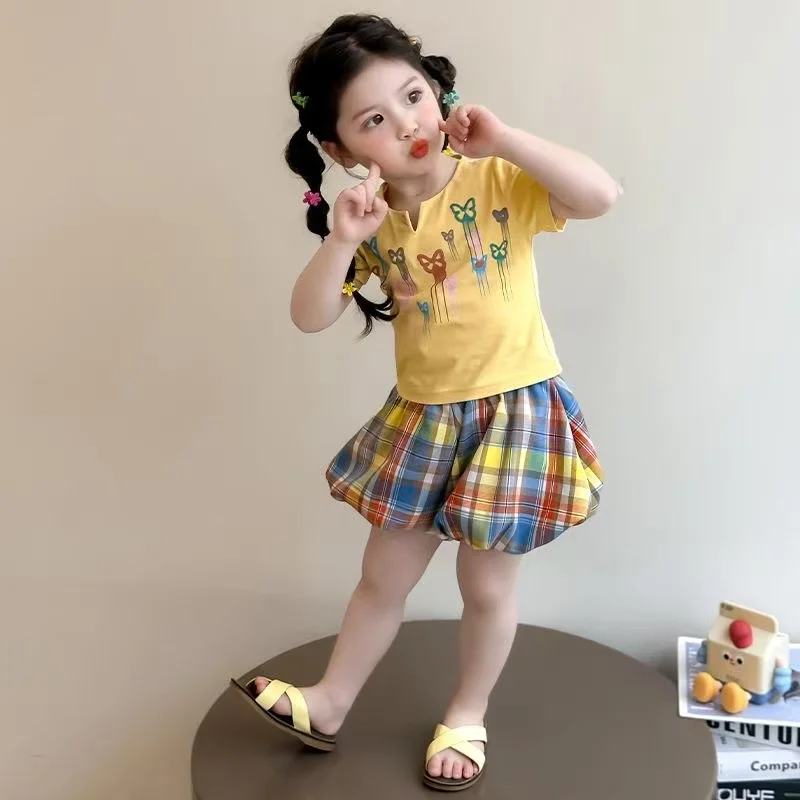 2025 Summer New Girls' Butterfly Dopaamine Short-sleeved Elastic Pants Set Sweet Princess Style