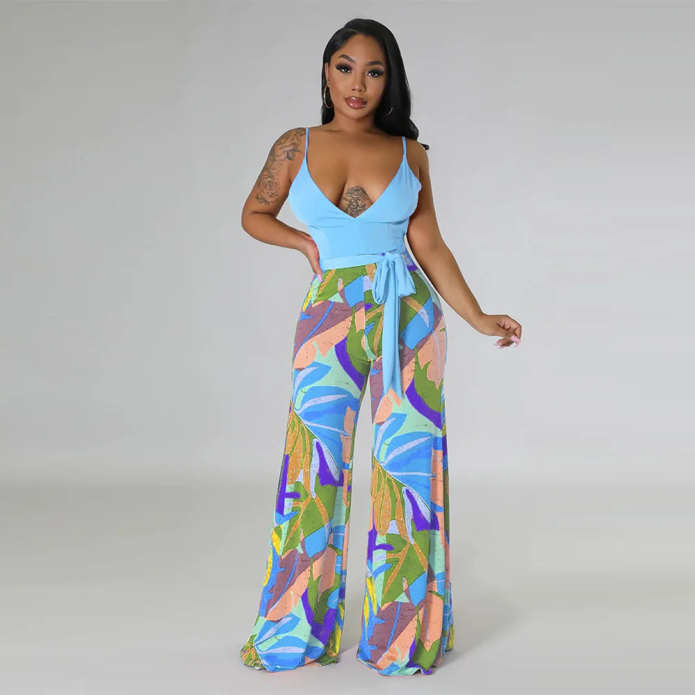 Women Patchwork Spaghetti Strap Backless Sleeveless Jumpsuit Sexy Deep V Summer Beach Wear Wide-Leg Pants Jumpsuit