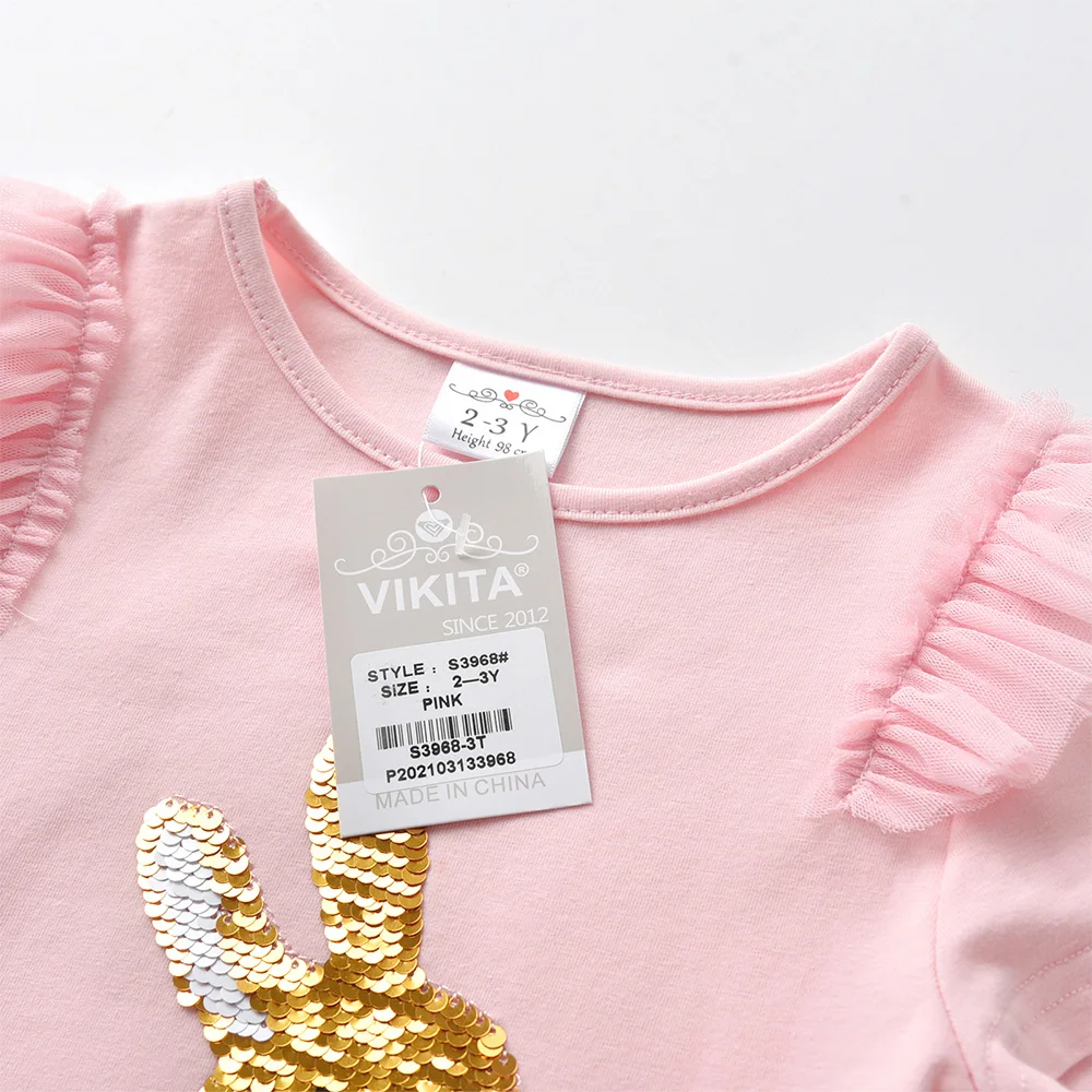 VIKITA Girls Rabbit Sequins Appliqued Cartoon Pink Cute T Shirts Kids Cotton Casual Summer Short Sleeve Fashion Tops and Tees