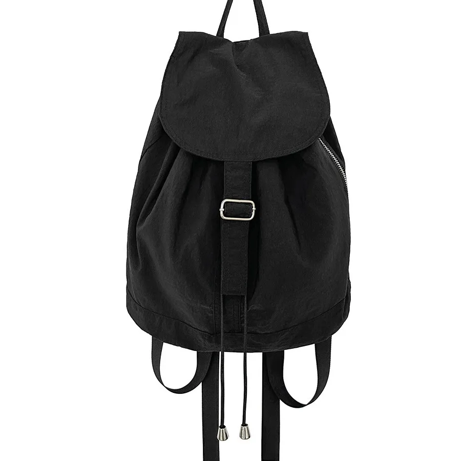 Solid Color Retro Style Nylon Women Backpack Casual Women Backpack Harajuku School Students Drawstring Flap Travel Backpack