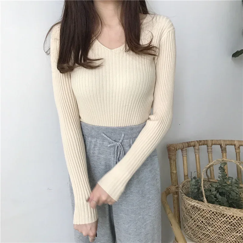 EVNISI Women V-Neck Slim Sexy Sweater Knit Long Sleeve Solid Bottoming Sweater Women Casual Pullovers Tops 2024 Autumn Winter