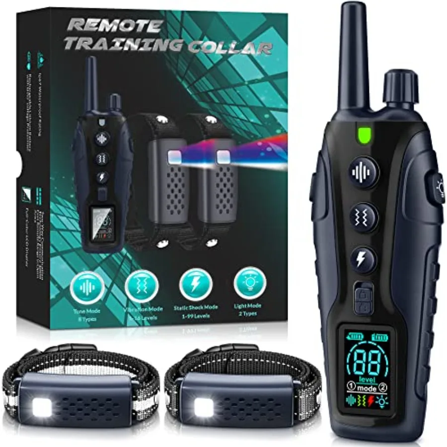 

Dog training collar for 2 dogs 15-150 lbs,nylon strap, black, flashing light for night walks, 4500 ft range, adjustable beep/vi