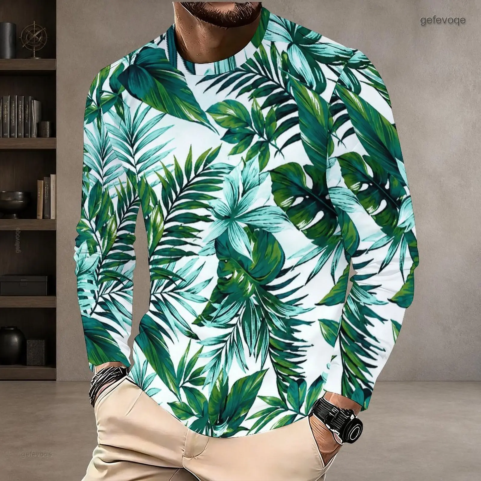 Men Green Tropical Leaf Printed Round Neck Long Sleeve Pullover T-Shirt