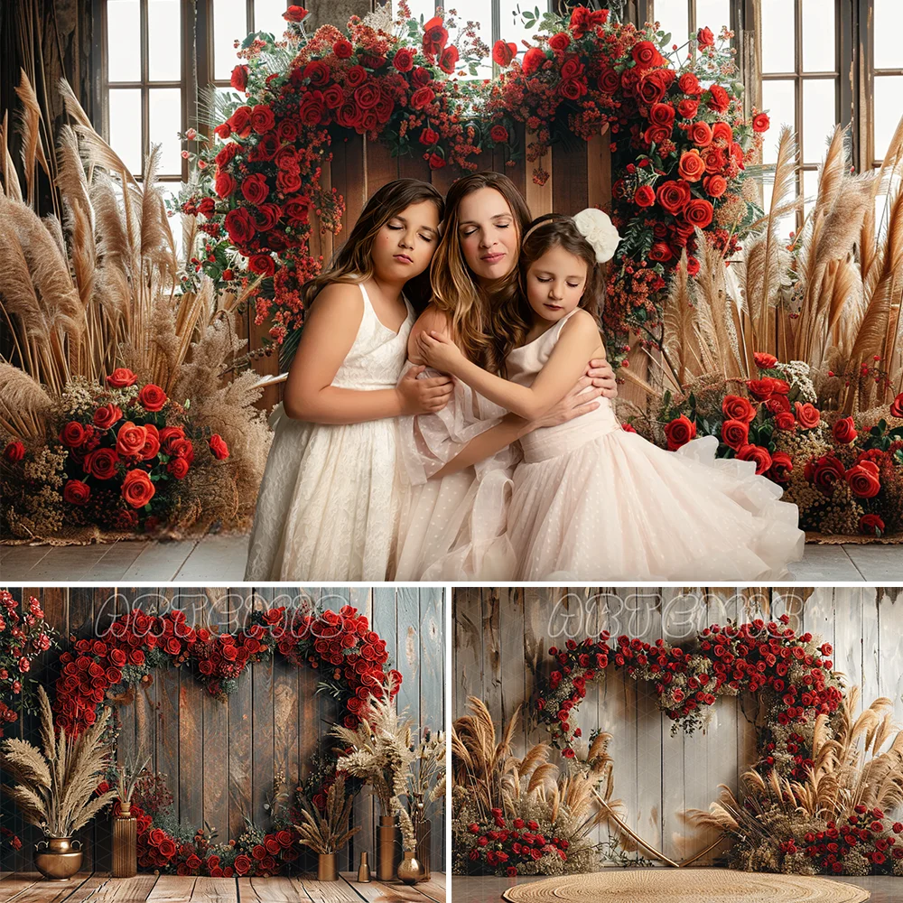 Valentine's Day Backdrop Heart-shaped Wooden Roses Romantic Wedding Photography Studio Gold Pampas Grass Garland Boho Style