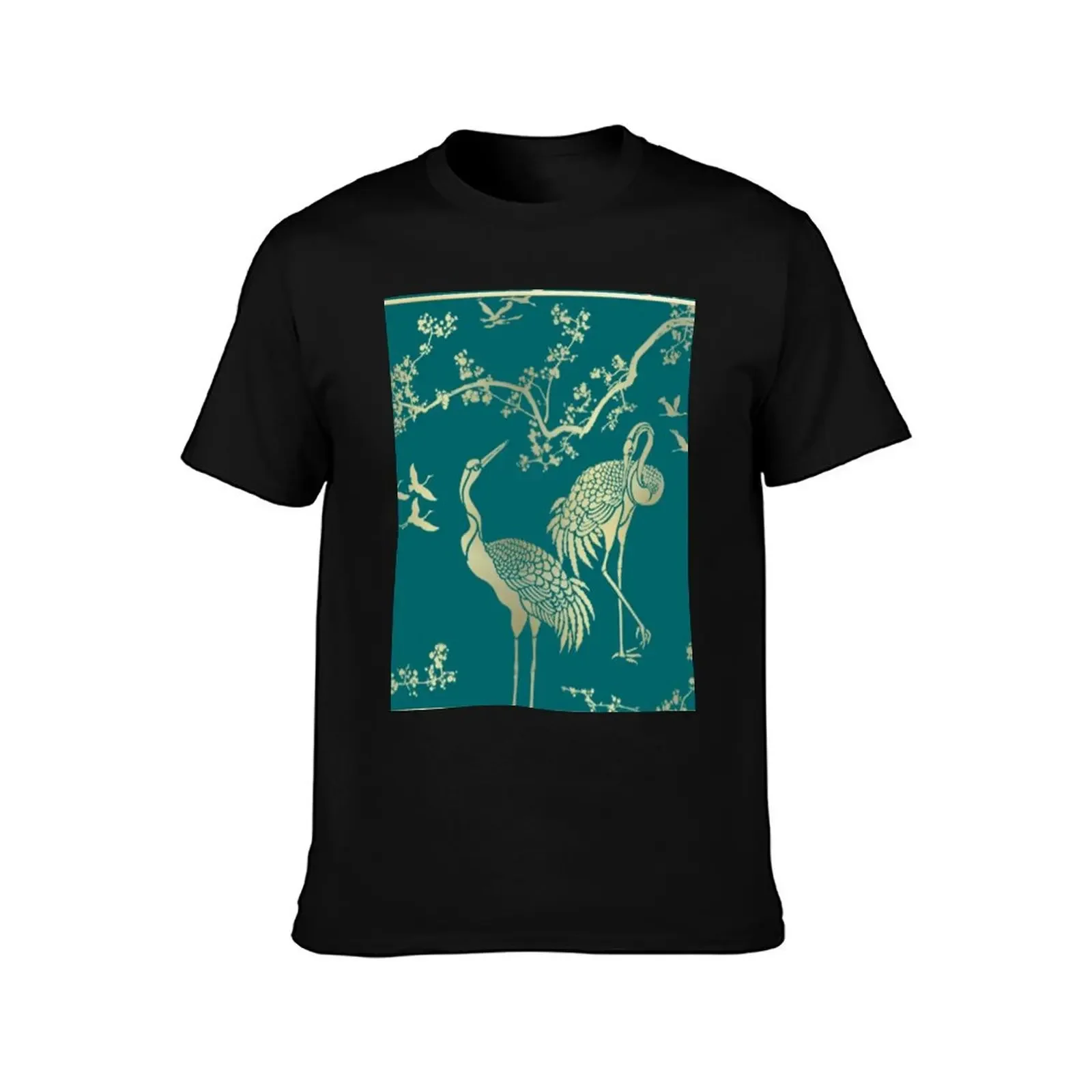 Golden cranes , Deep Lake green color background T-Shirt Man t-shirt animal prinfor boys oversizeds mens graphic t-shirts funny