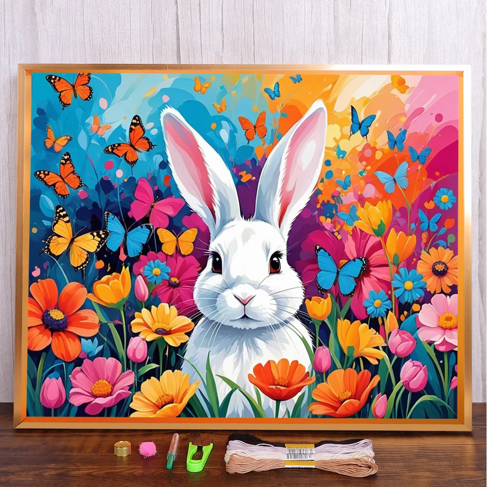 

Flower Rabbit Printed Canvas 11CT Cross Stitch Embroidery Patterns Hobby Painting Handmade Knitting Room Decor Needle Gift