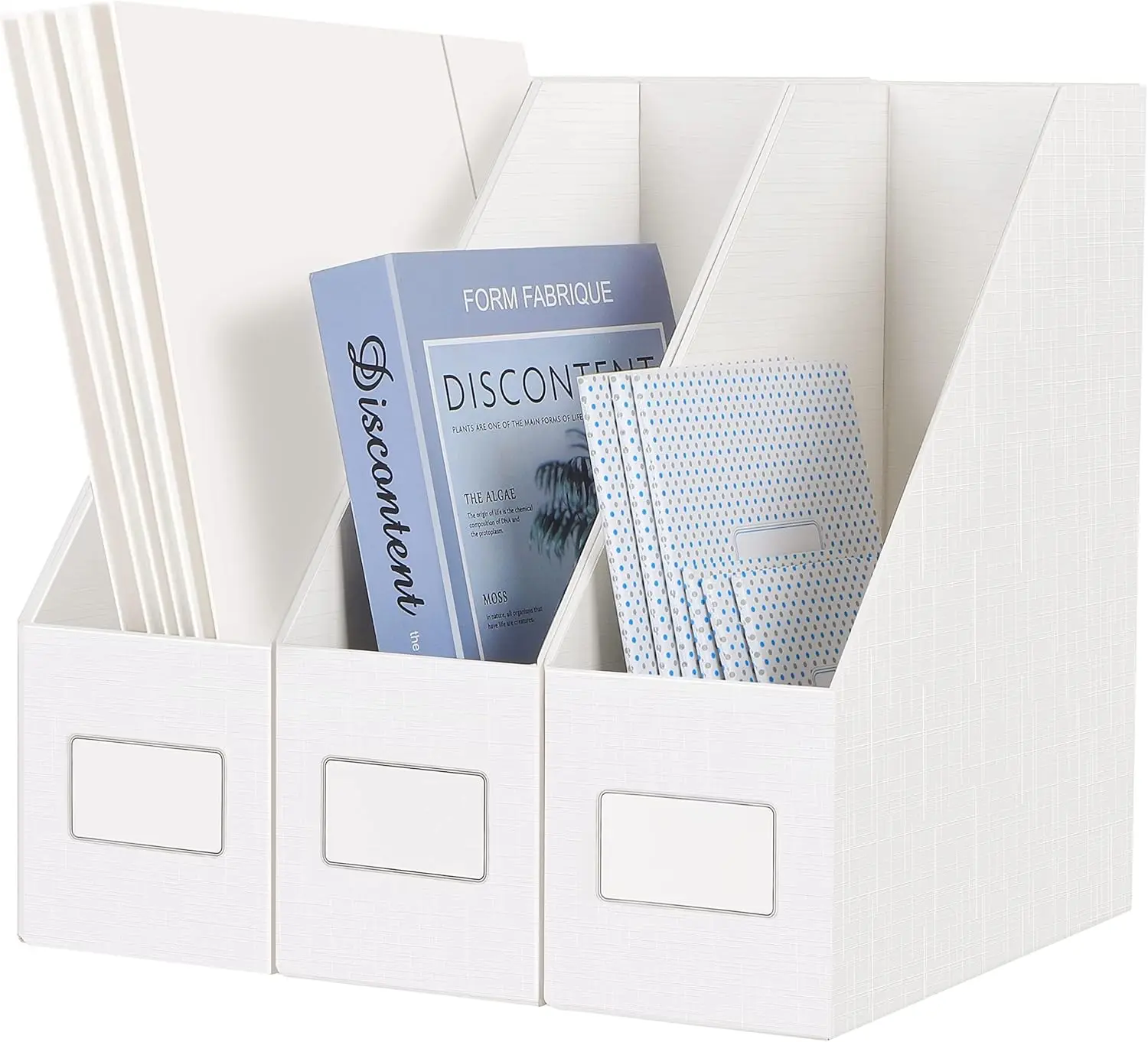 

White Magazine File Holders, 3-Pack Sturdy Cardboard Racks for Office or Classroom Desk Organization