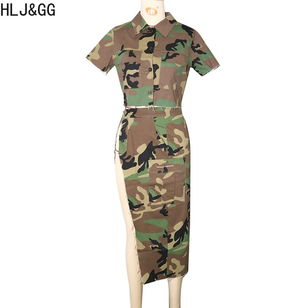 HLJ&GG Fashion Camouflage Print High Slit Skirts Two Piece Set Women Turndown Collar Button Short Sleeve Crop Top+Skirts Outfits