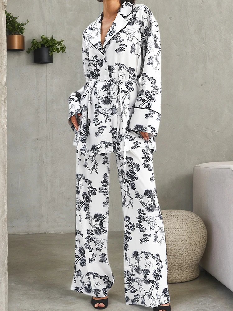 

Hiloc Chinese Style Print White Women Pajama Sets Elegant Autumn Home Fitted Trousers Lapel Lace-Up Full Placket Long Sleeve Top