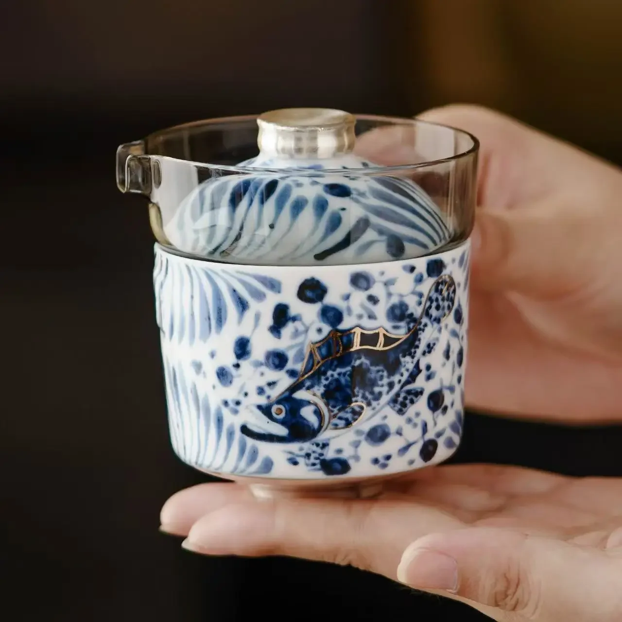 Liu Yinfan Lotus Fishing Algae Pattern Travel Tea Set Outdoor Picnic Portable Express Cup Ceramic TeaCup Tea Maker 1 Pot 2 Cups