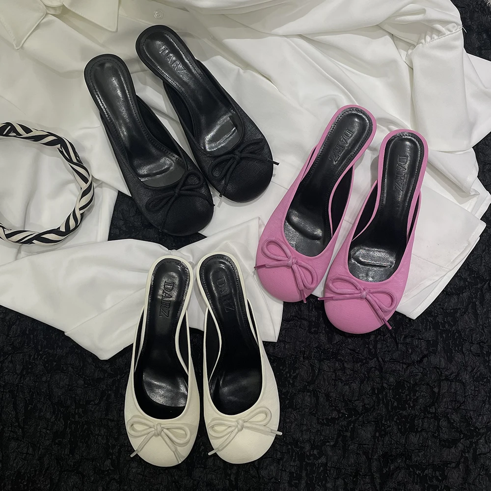 

Round Toe Women Slippers 2023 New Arrivals Black White Pink Bow Design Thin Mid Heels Shallow Slip On Party Pumps Casual Mules
