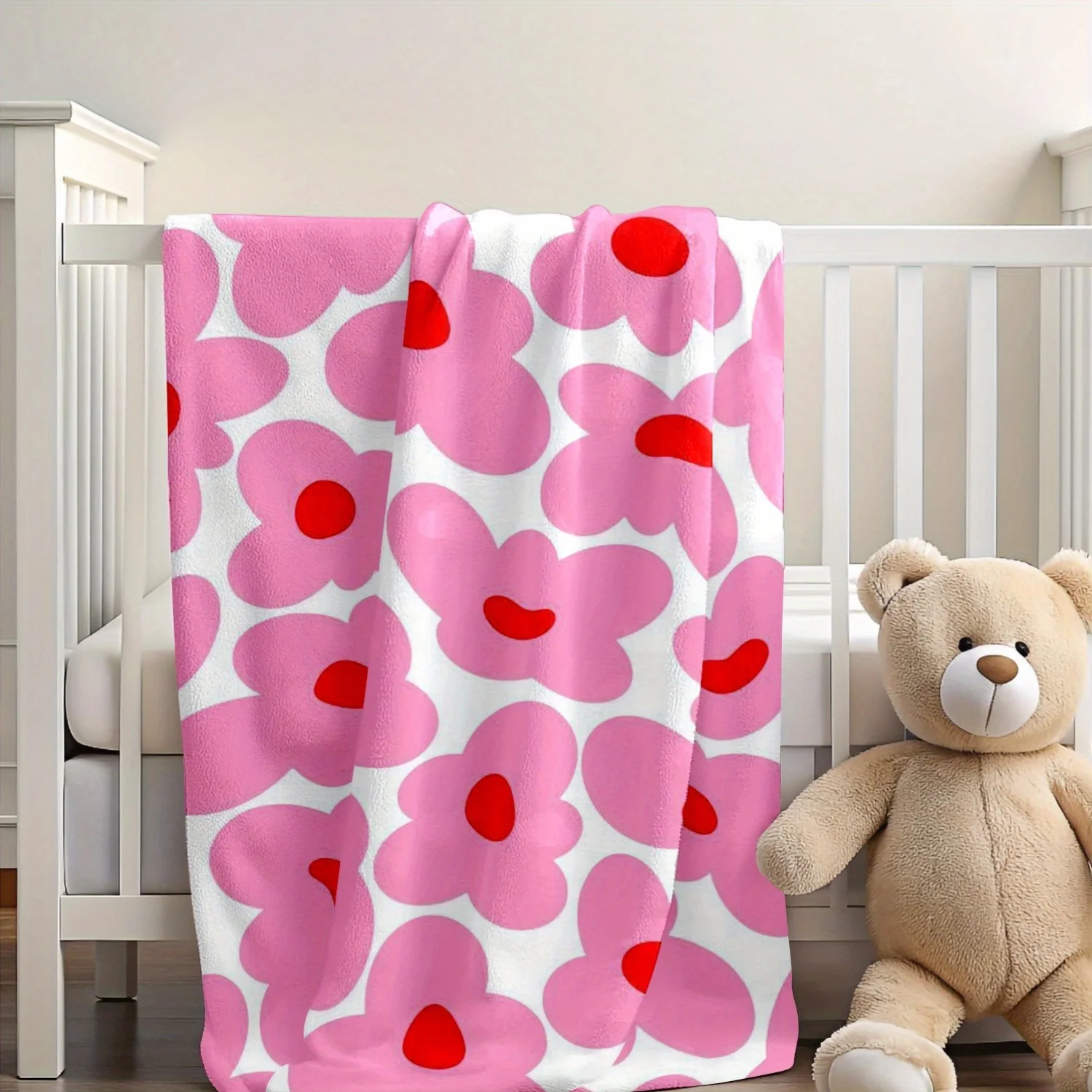 This pink blanket with red circles and white checks can be used for sofas, beds, cars, camping, and home décor.