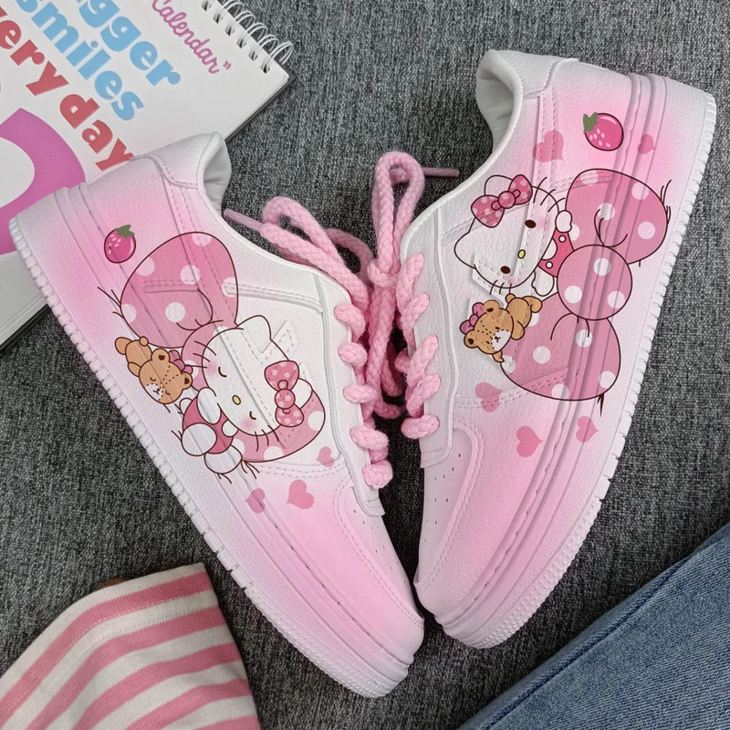 

Sanrio Hello Kitty, белые туфли с ручной росписью в стиле аниме, осень-зима, новые спортивные модные туфли для досок, корейская версия, универсальные кроссовки