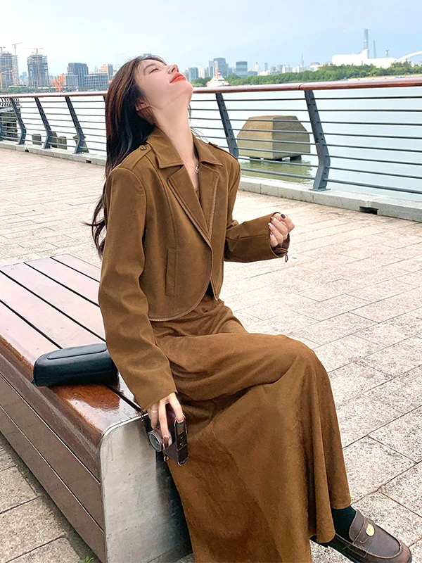 

Bury Leather Jaet And Long Dr Two-Piece Set Women's Early Spring Autumn High Waist Straight Cut Casual Faion