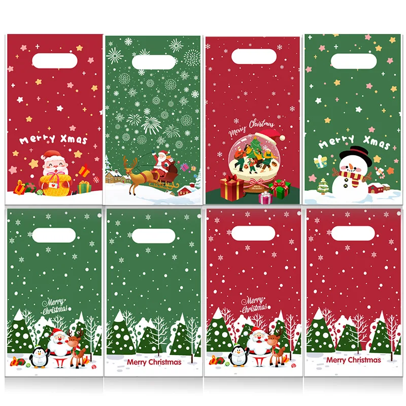 

50Pcs/Lot 14x23cm Christmas Plastic Gift Bag Nice Candy Bracelets Jewelry Packaging Bags Cute Xmas Handbags With Handles