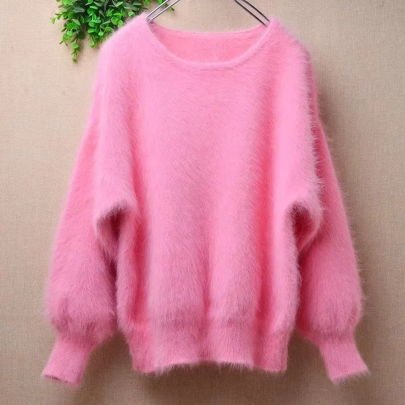 04 ropa de Otoño Invierno para mujer, dulce Rosa, pelo de conejo Angora tejido con cuello redondo, blusas ajustadas de manga larga, Jersey, suéter, Top