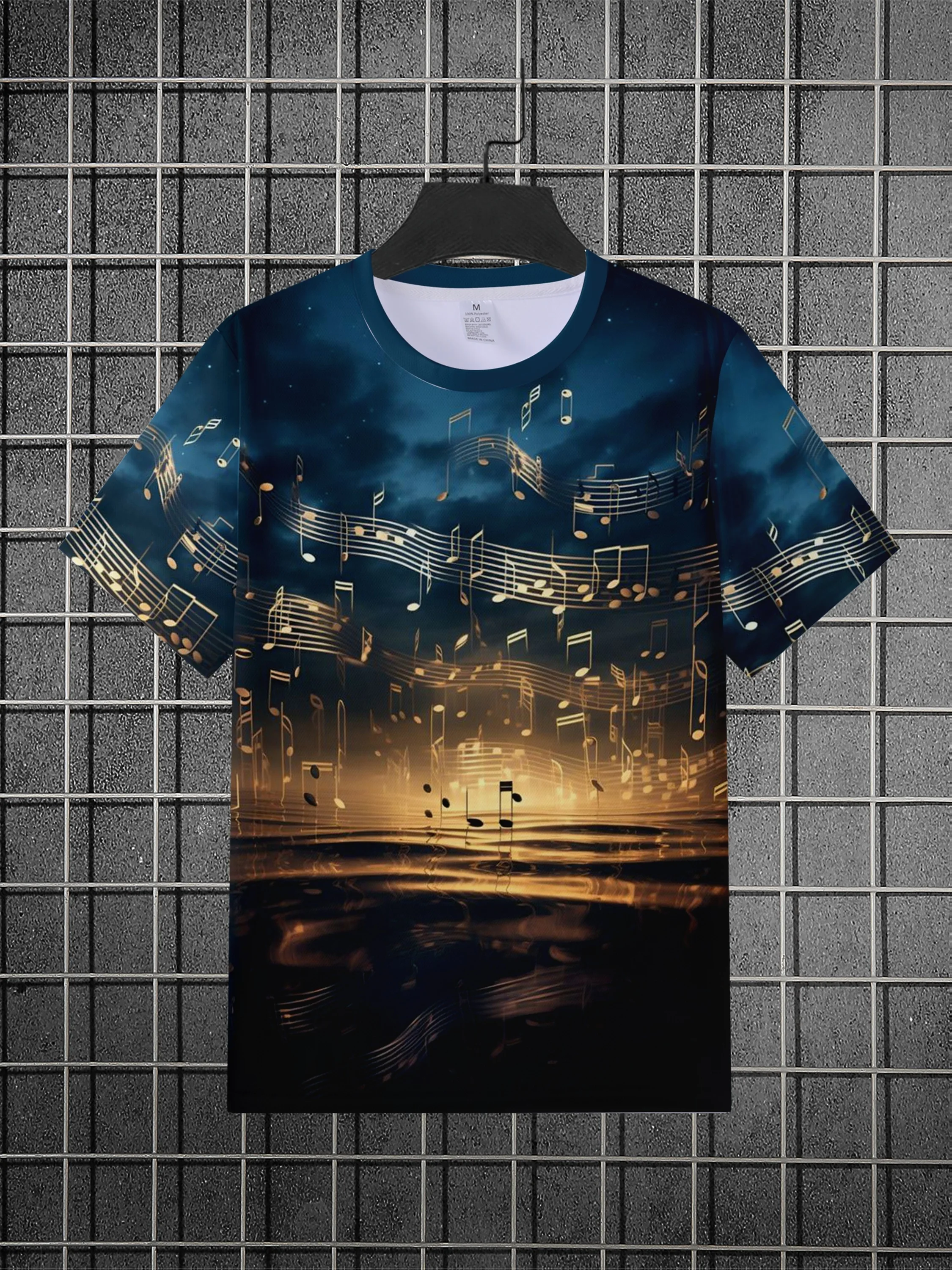 Men's Crew Neck Short Sleeve T Shirt 3D Golden Music Note Staff Dark Blue Night Sea Reflection Print Casual Tops