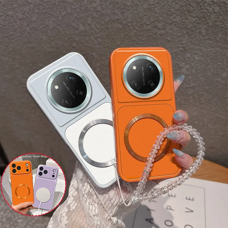 Luxury Vintage PU Lychee Leather with Magnetic Circle Crystal Beaded Strap TPU Phone Case For Honor X9c Magic7 Lite 7 Back Cover