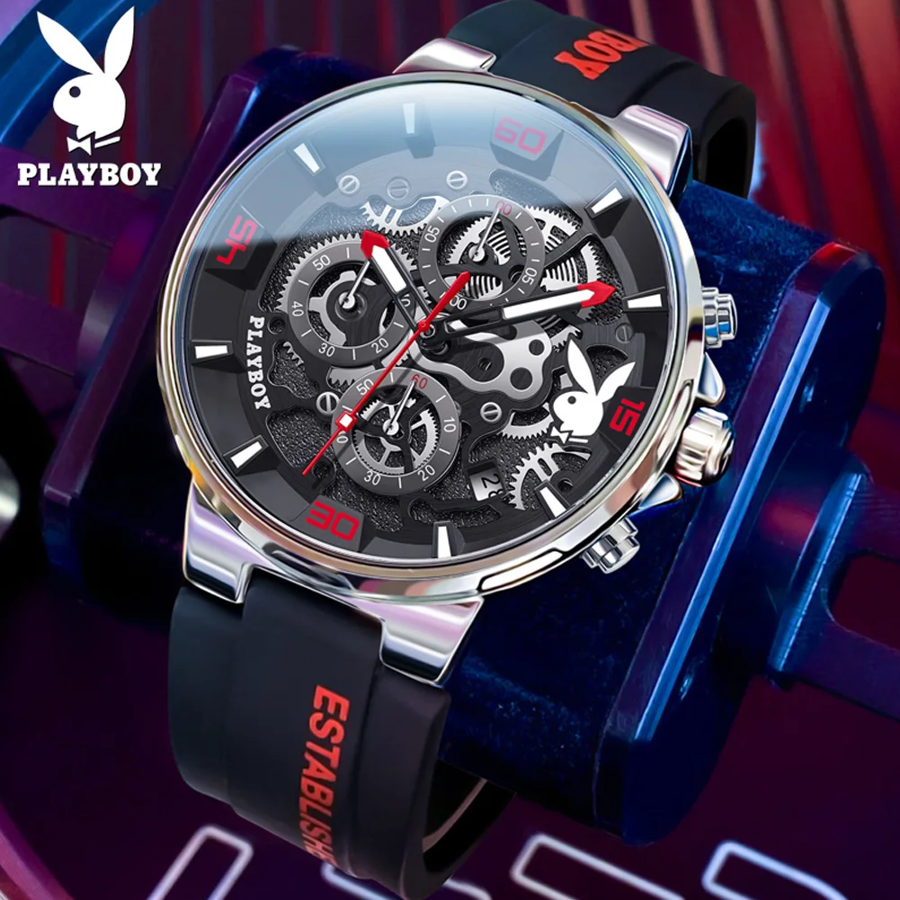

PLAYBOY 3063 Original Quartz Watches for Men Fashion Silicone Strap Waterproof Luminous Auto Date Chronograph Man Wristwatches
