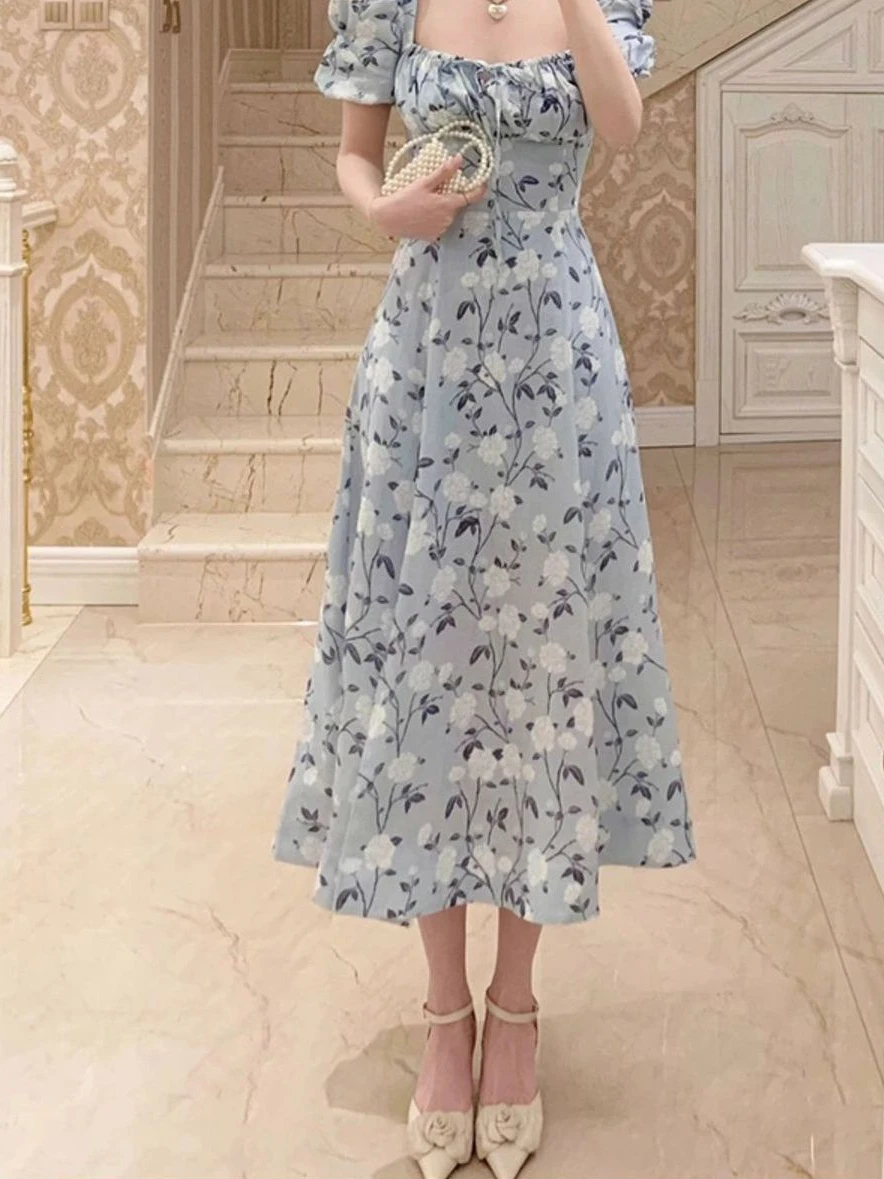 Short Sleeve Dresses A-line Chiffon Midi Floral Print Gentle Elegant Defined Waist Empire Spring Summer Vestidos Female Chic Ins