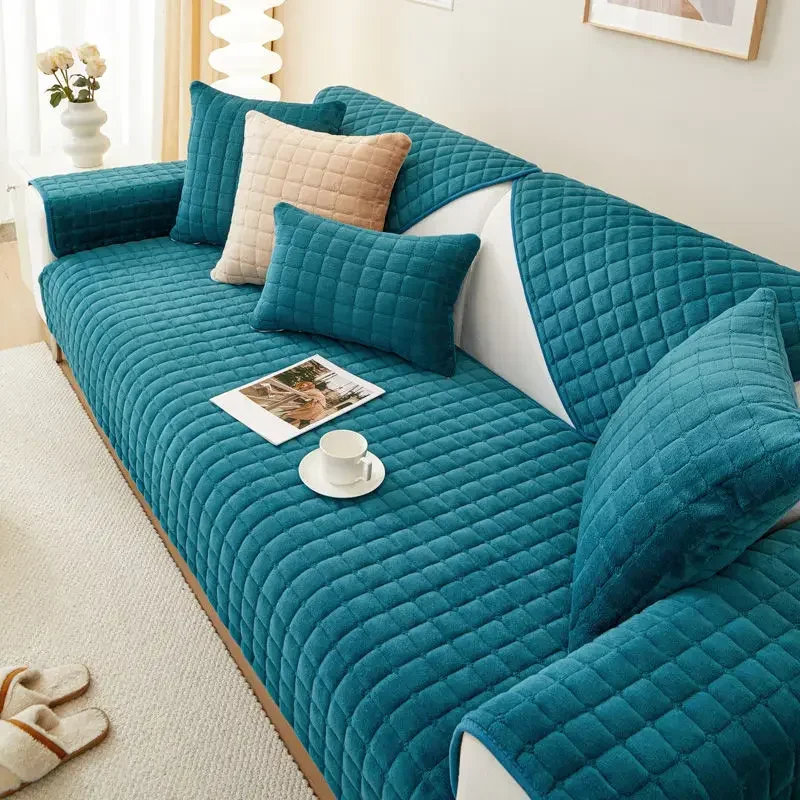Plush Plaid Sofa Cushion Non-Slip Thickened Universal Living Room Sofa Cover Thickened Warm Sofa Back Cover Armrest Towel