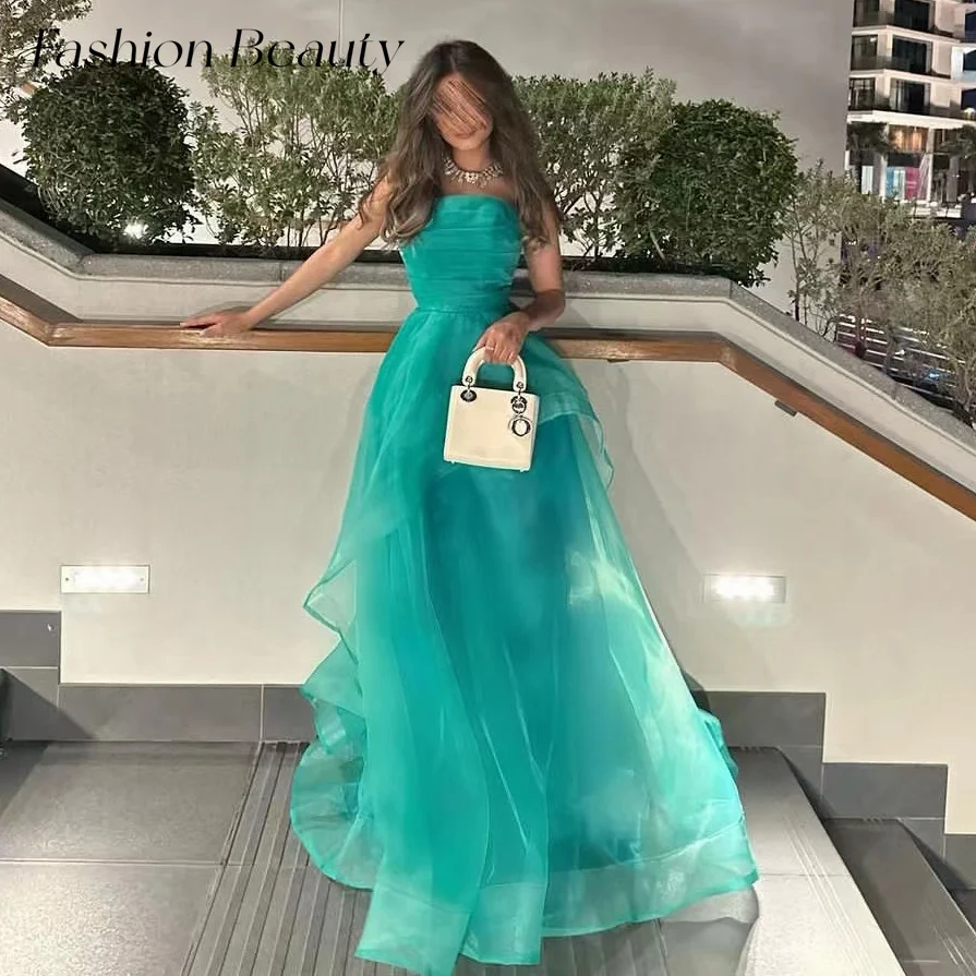 

Fashion Green Organza Prom Dresses Strapless A-Line Floor-Length Formal Occasion Dress For Women 2024 vestidos de fiesta