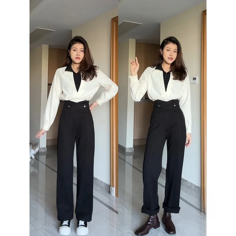 

Брюки прямого кроя с высокой талией Zhang a Xing для осени и зимы, с перекрестным дизайном спереди, удобные для повседневной носки, скрывающие фигуру, модные