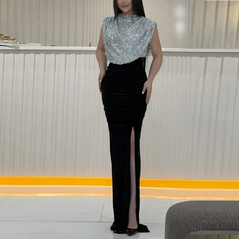 Sexy mouwloze pailletten hoog getailleerde split dame chique avondjurk elegante ronde hals rimpel glanzende vakantie slanke jurk dames