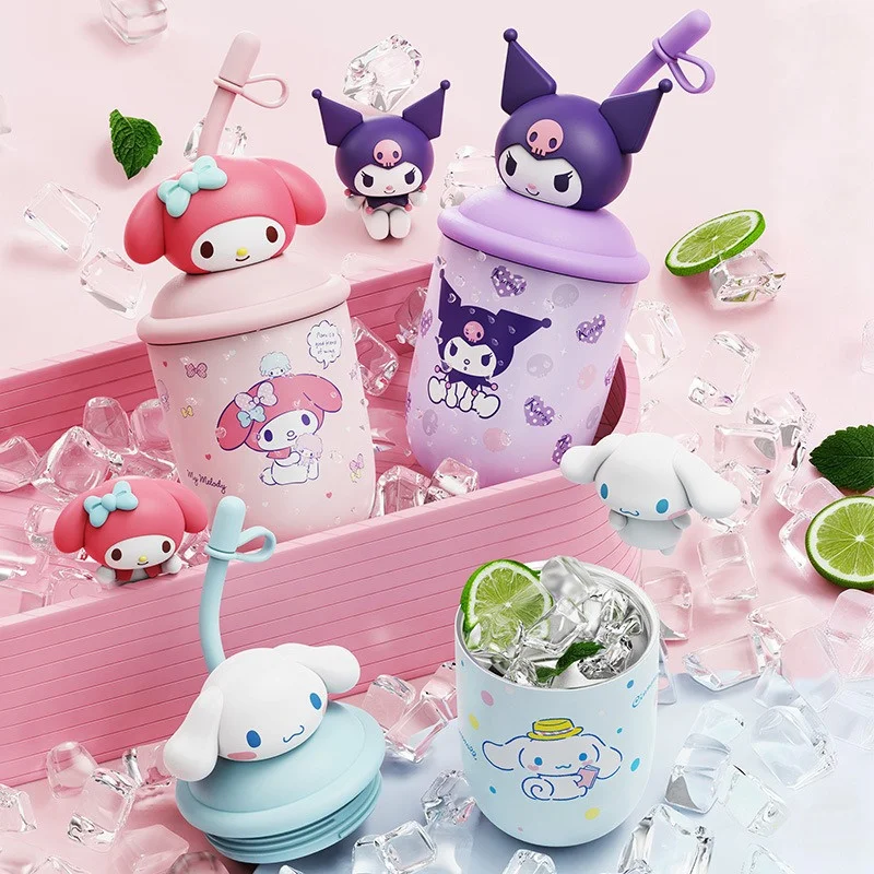 X&W Hello Kitty Insulated Cup 380ML Stainless Steel Milk tea Straw Cup Cartoon Portable Summer Beverage Cups Kawaii Drinking