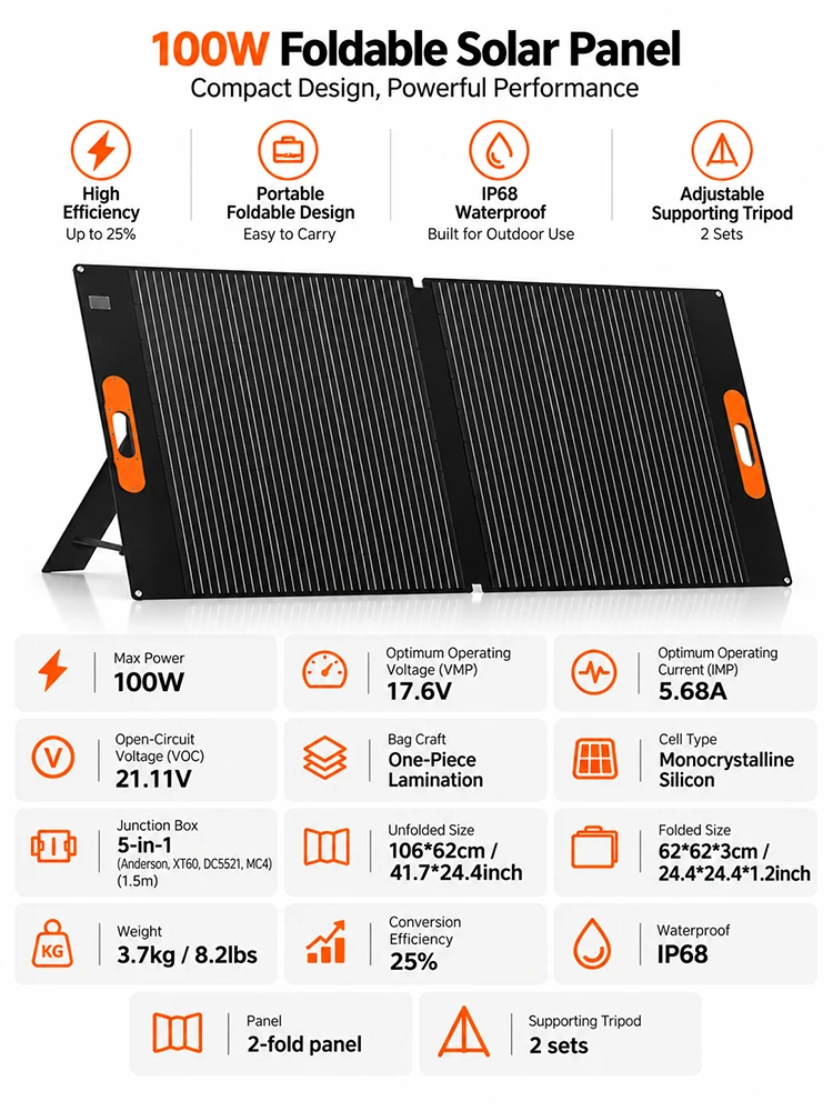 100W Faltbare Solarpanels 100W Solarladegerät Komplettset für Outdoor-Tourismus und Camping-Kraftwerke