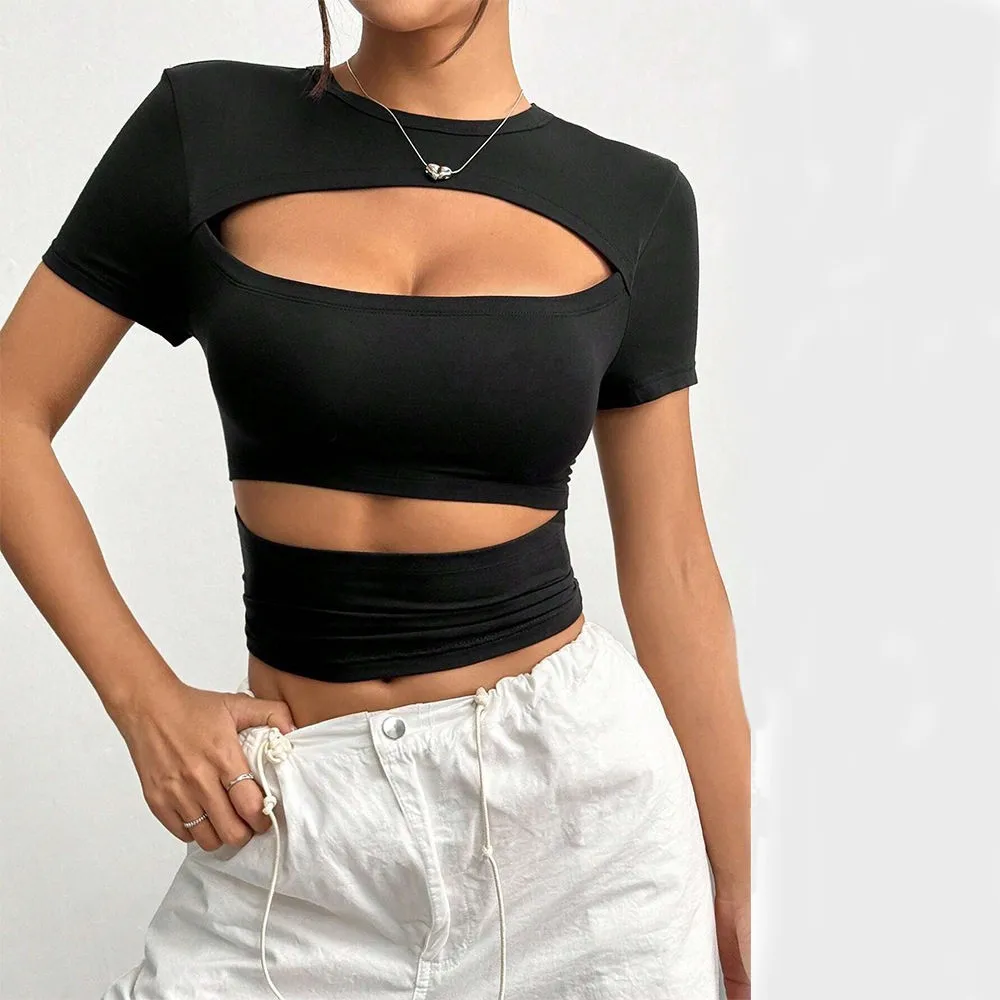 Sexy Hollow out Short Sleeve T-Shirt Women's Summer 2026 Pure Color Cross-Border Fashion round Neck Top Y2K Trend Shoulder Level