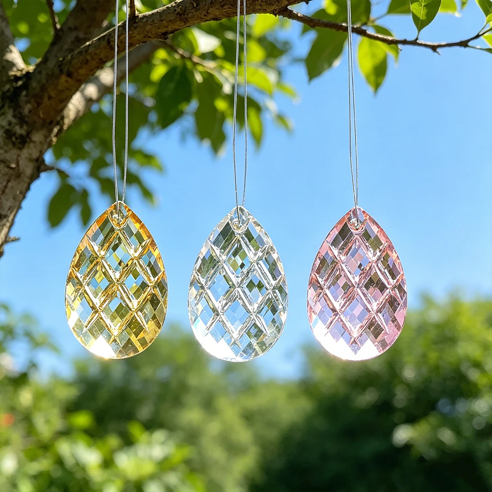 E9 2Pcs Faceted Grid Drop Crystal Glass Prism Hanging Suncatcher Chandelier Parts Lucky Window