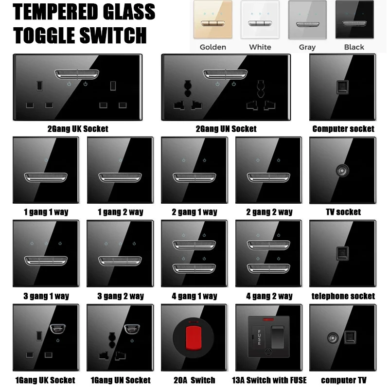 European British French Standard Tempered Glass Switch Socket with Indicator Light , Self-Reset 1 2 3 4 Gang Wall Panel Outlets