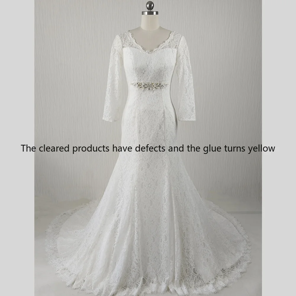 Clearance Wedding Dress Size 4 White Lace V-neck Half 3/4 Sleeves Lace up Mermaid Floor length Trailing Bride Gown 1749