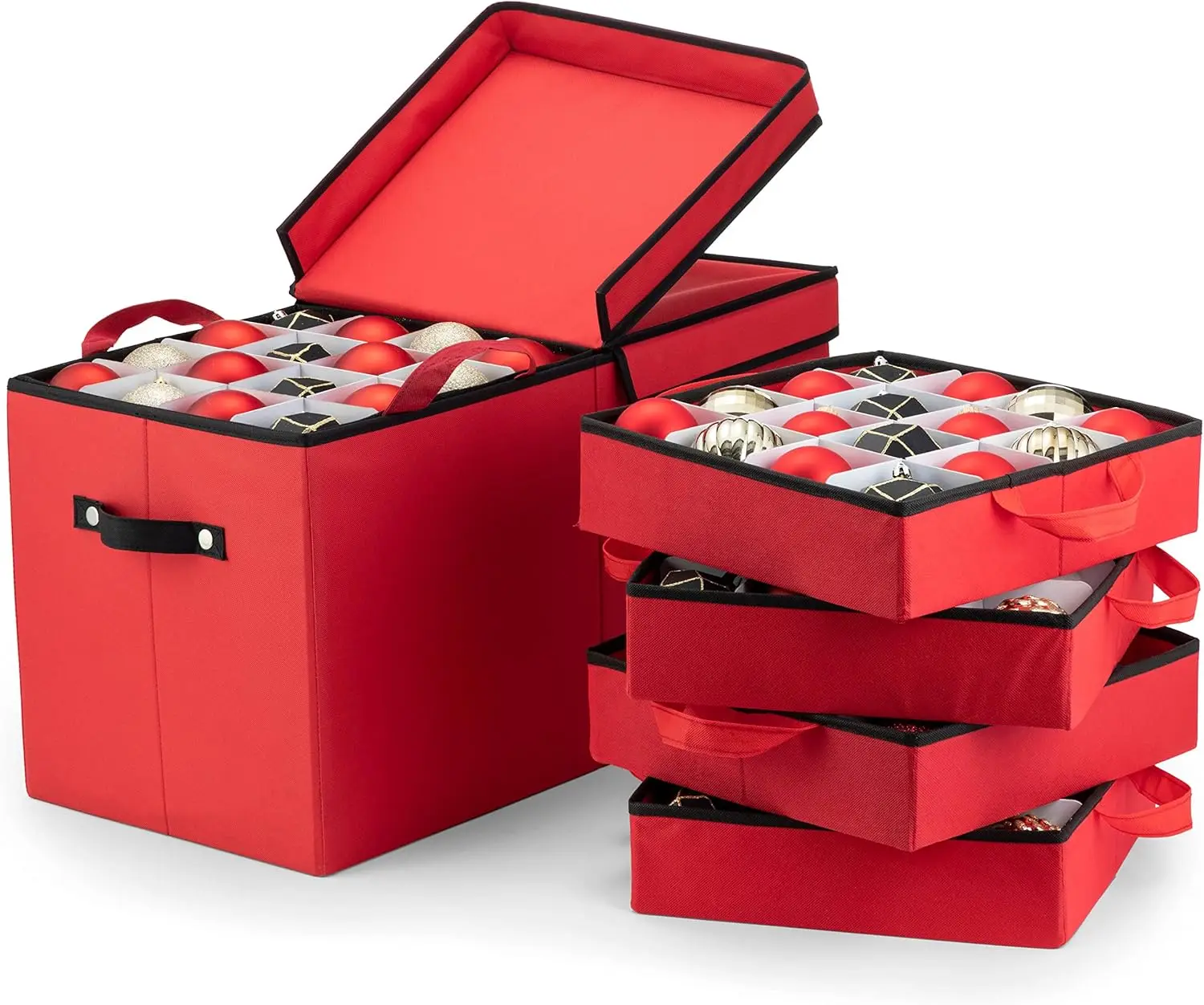 

Christmas Ornament Storage Box with 128 Individual Trays, Tear-Proof Fabric, Red Holiday Organizer