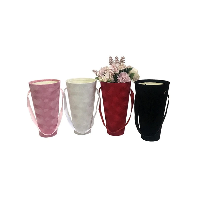 5Pcs Ribbon Portable Ice Cream Cone Vase Shape Velvet Gift Box Florist Flower Holder Bucket Packaging  Bouquet Packaging Carton