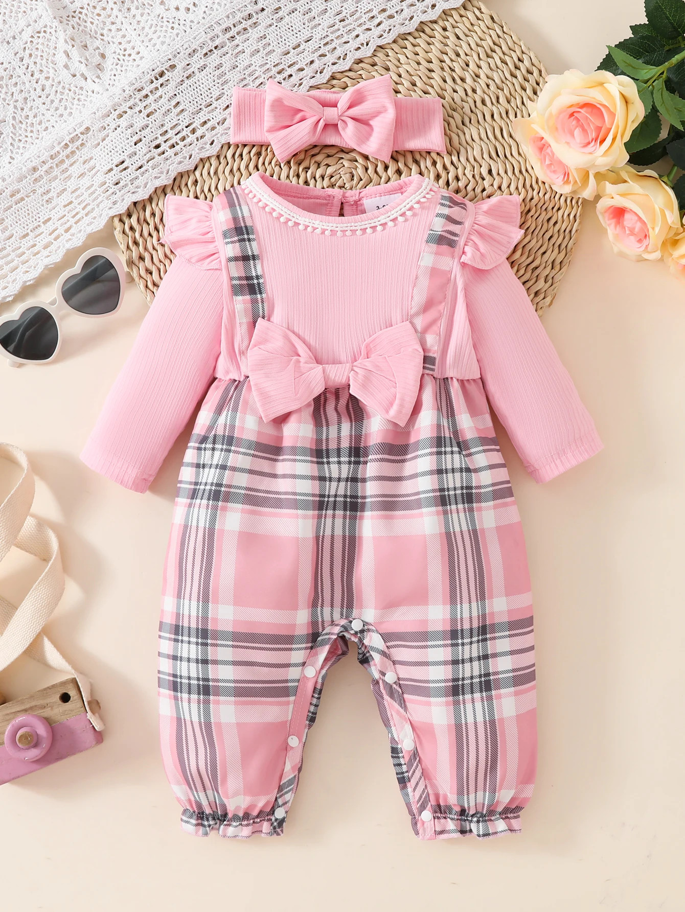 Baby Girl 2Pcs Plaid Ribbed Patchwork Bodysuit Cute Sweet Pink Grid Jumpsuit With Matching Headband Infant Outfit