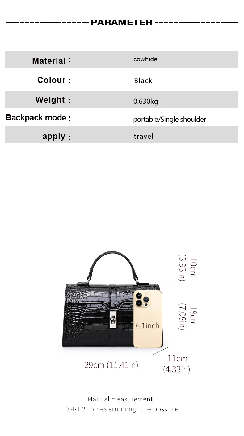 Aidrani Echtleder-Handtasche aus Rindsleder mit Krokodilmuster, Große Kapazität, Glänzende Oberfläche, Damen-Umhängetasche – Detail 4