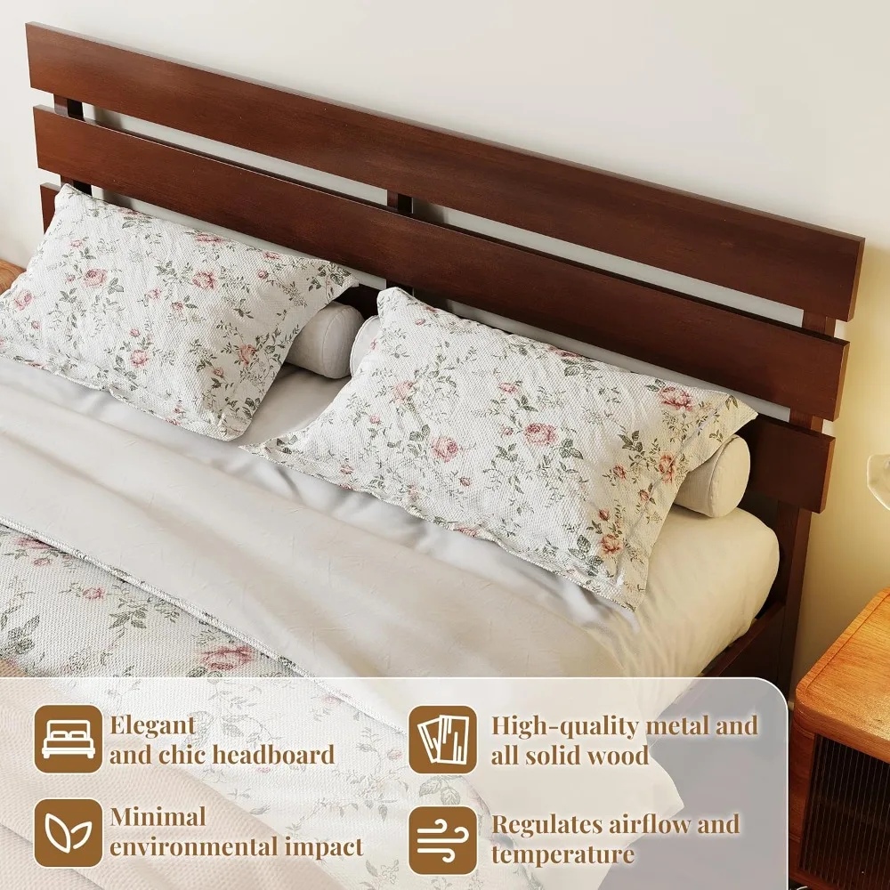 إطار سرير كوين خشبي مع لوح رأسي، سرير بمنصة خشبية صلبة حديثة من منتصف القرن مع أرجل خشبية صلبة ودعم شرائح خشبية، قش #3