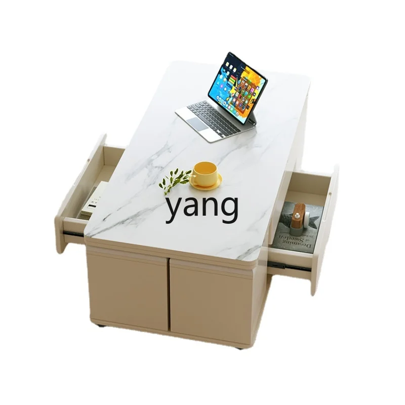 

Yjq Multi-Functional Coffee Table Cream Style Lifting and Foldable Dining Table Living Room Simple Desk Integrated