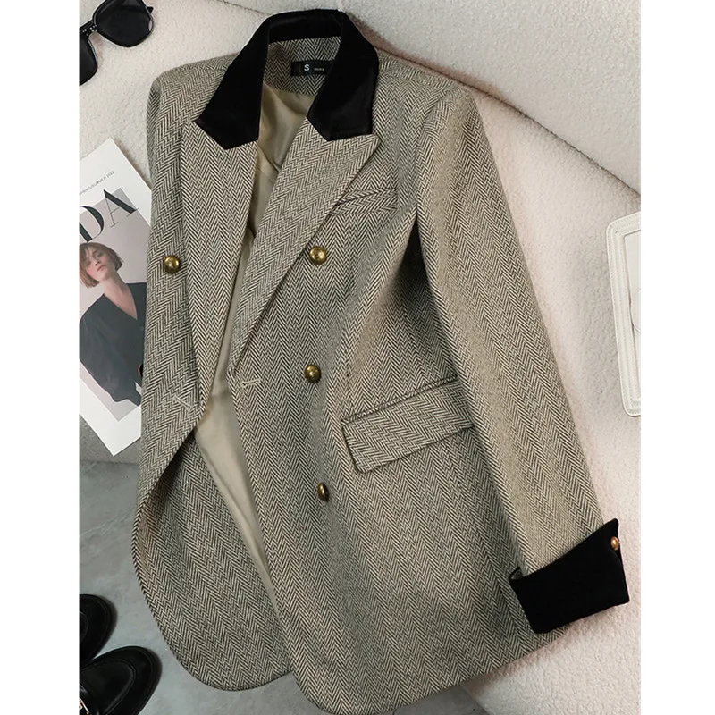 High end Striped Suit Jacket For women 2026 Autumn New Splicing Design sense Top Korean version Loose Casual Lady Blazer Outwear